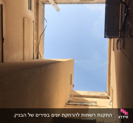 רשת נגד יונים מותקנת בין קירות בניין